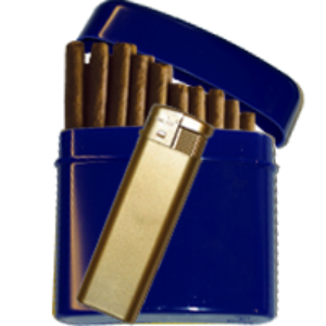 Bild von Dekoratives blaues Etui (abgerundet) gefüllt mit feinen Cigarillos & Feuerzeug