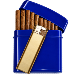 Bild von Dekoratives blaues Etui (abgerundet) gefüllt mit feinen Cigarillos & Feuerzeug